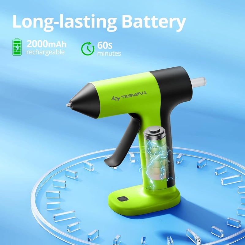 TILSWALL 4V Cordless Hot Glue Gun, 2000mAh Type-C Rechargeable, Rapid 30s Preheat with 20 Glue Sticks, Ideal for DIY Crafts, Home Repairs, and Gift Making - Green - Image 3